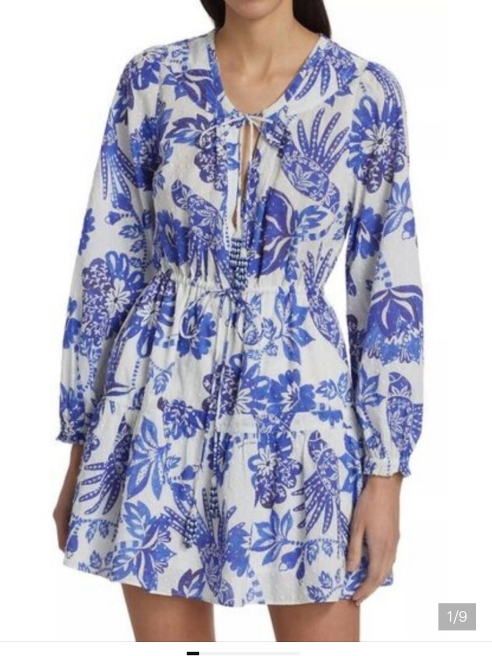 FARM Rio Flowerful Birds Blue White Cotton Long Sleeve Mini Dress XS